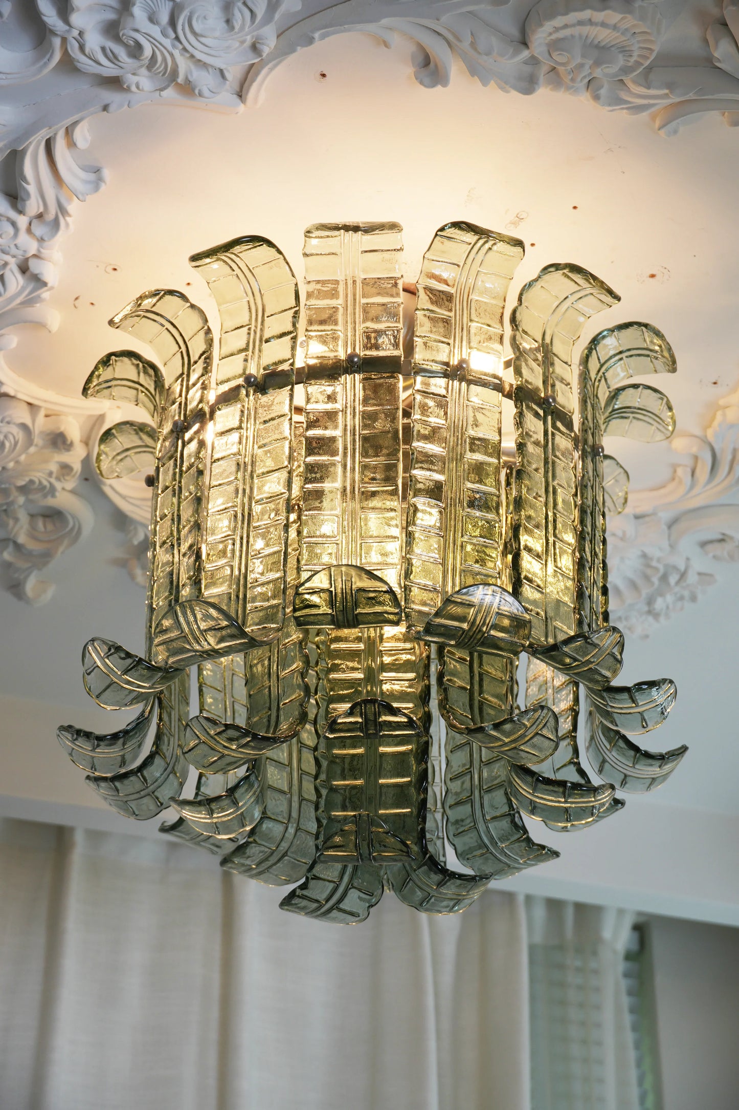 Elegant Murano Leaf Shaped Green Ceiling Lamp
